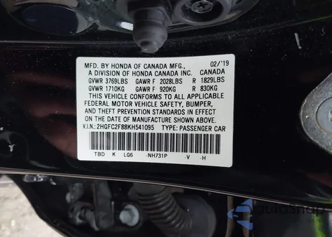 2019 Honda Civic Sport z USA, uszkodzony, nr VIN 2HGFC2F88KH541095